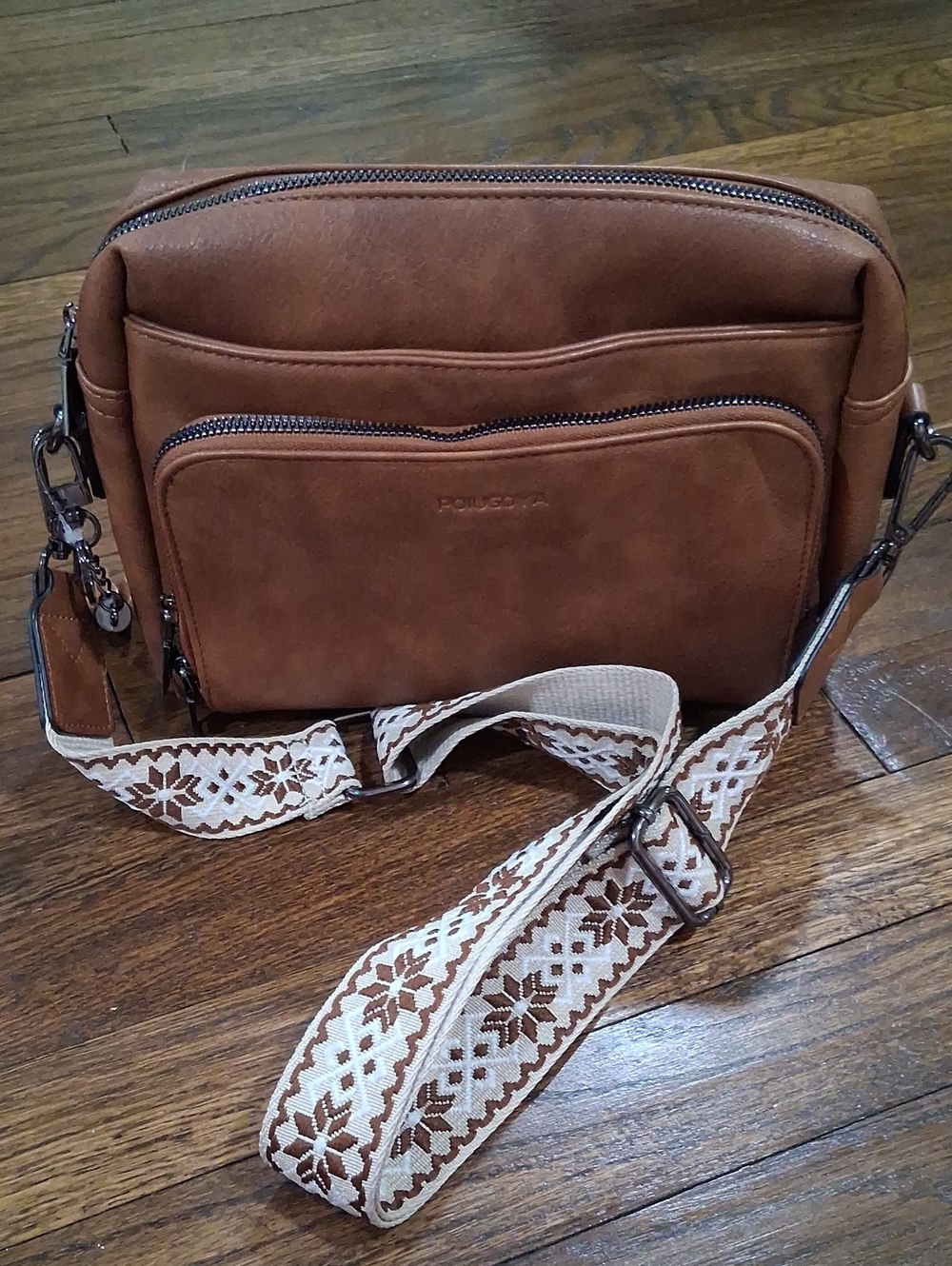 Brown Leather Crossbody Bag with Patterned Strap POIUGOYA